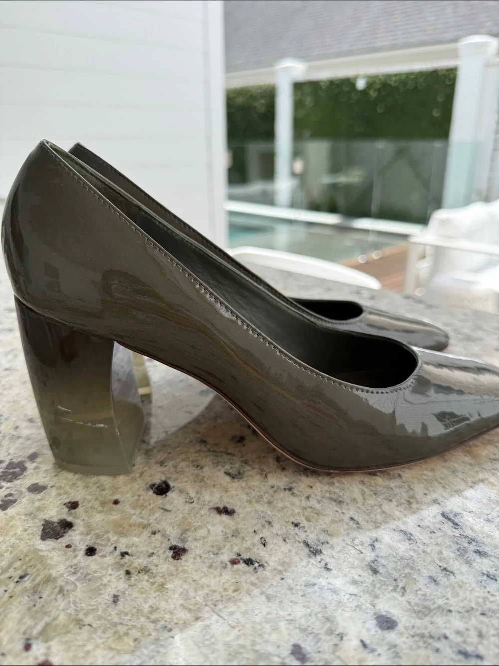 Tory Burch Olive Patent Block Heel Pumps